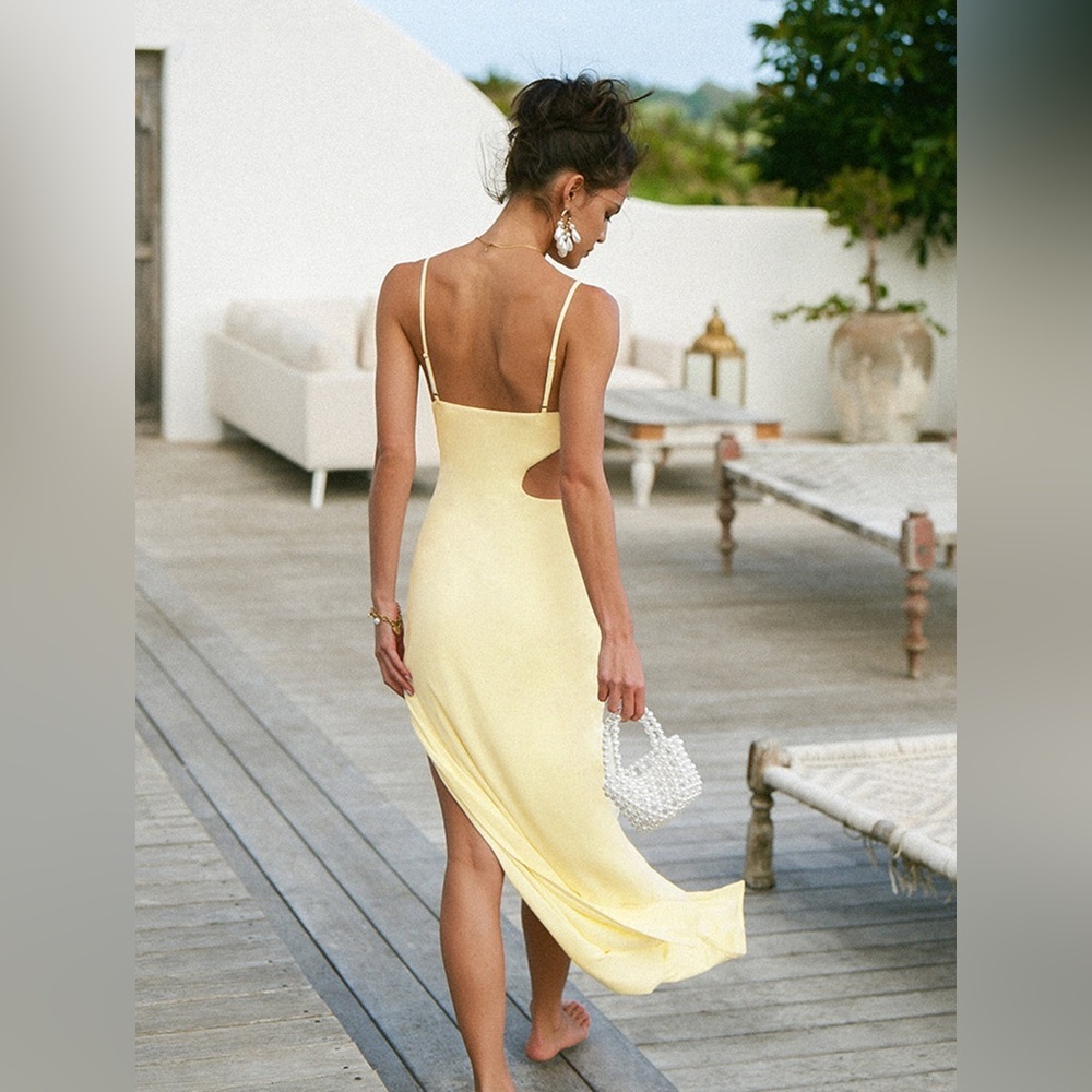 Commense Apricot Cream Asymmetrical Split Thigh Cutout Long Dress Sz. M NWT! - Picture 3 of 5